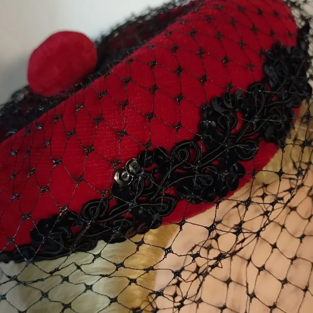Union Made Vintage Red Velvet Black Sequins Fascinator Hat - Picture 2 of 5